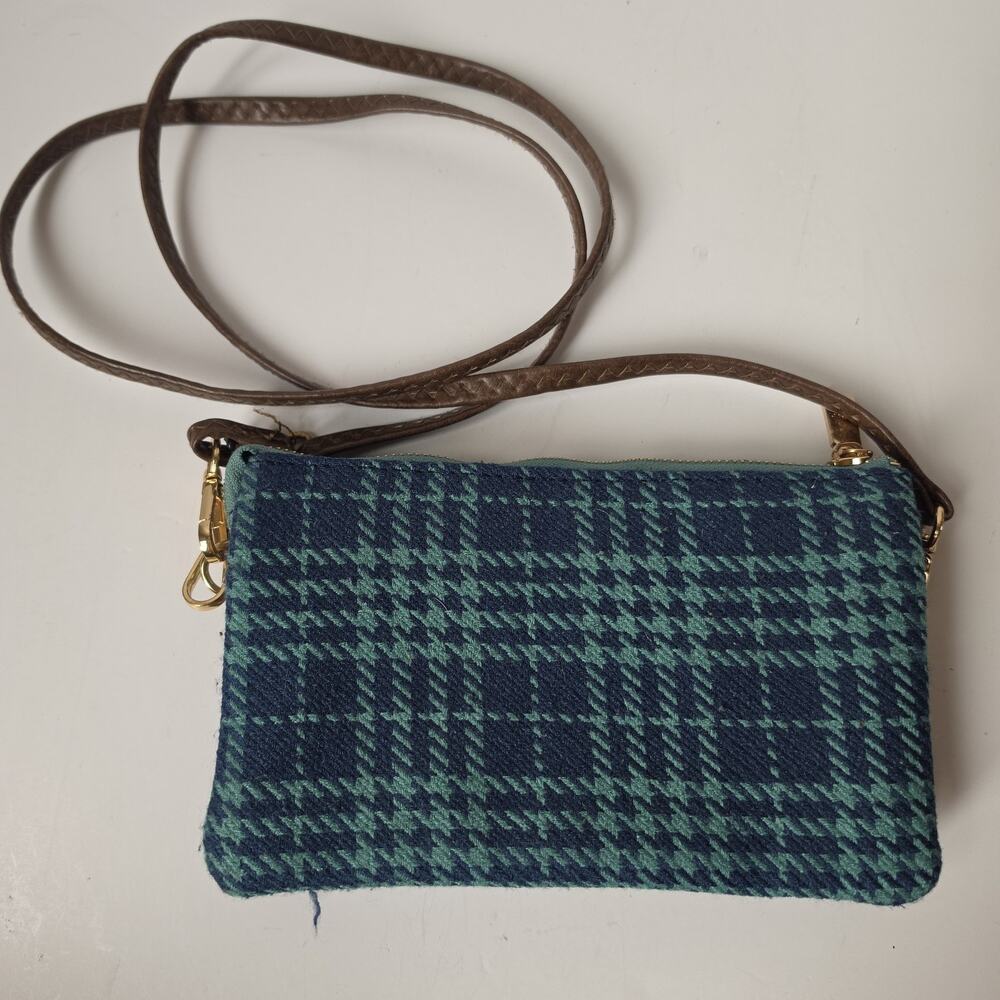 Jen & Co Crossbody Purse Plaid Blue Green Tweed Bag Detachable Straps Wristlet